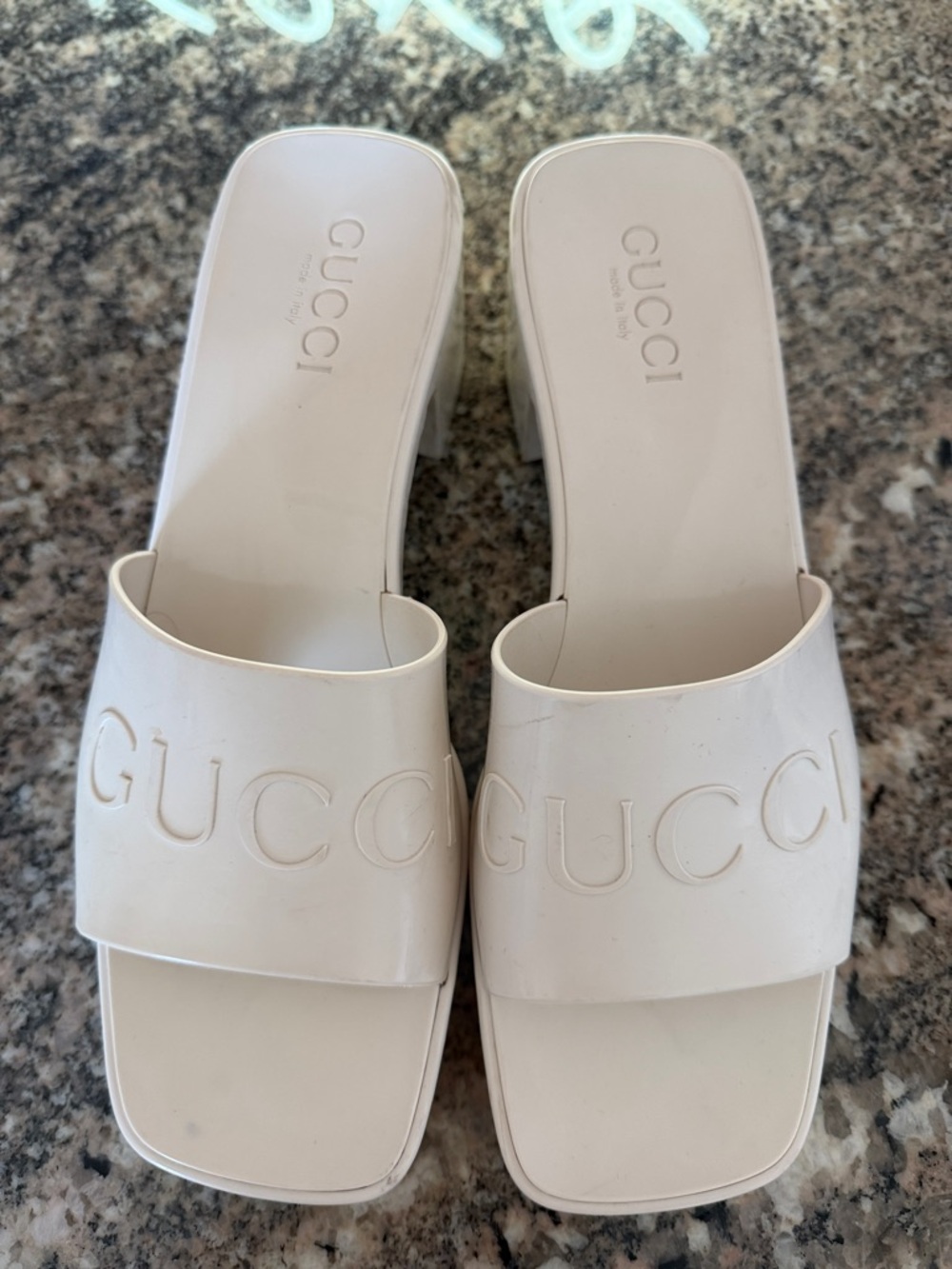 Gucci Women's Ivory Embossed Logo Slide Sandals - Picture 8 of 15